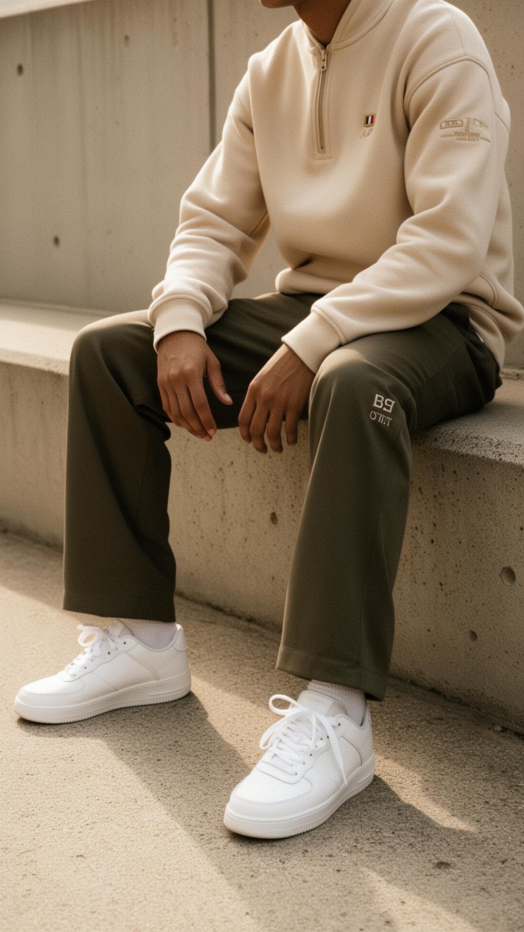 Editorial photograph: relaxed streetwear styling on concrete