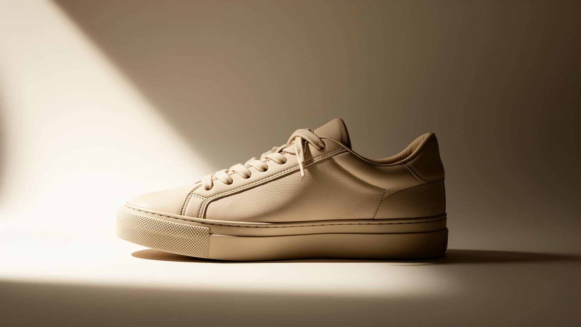 Premium minimalist sneaker on warm neutral backdrop